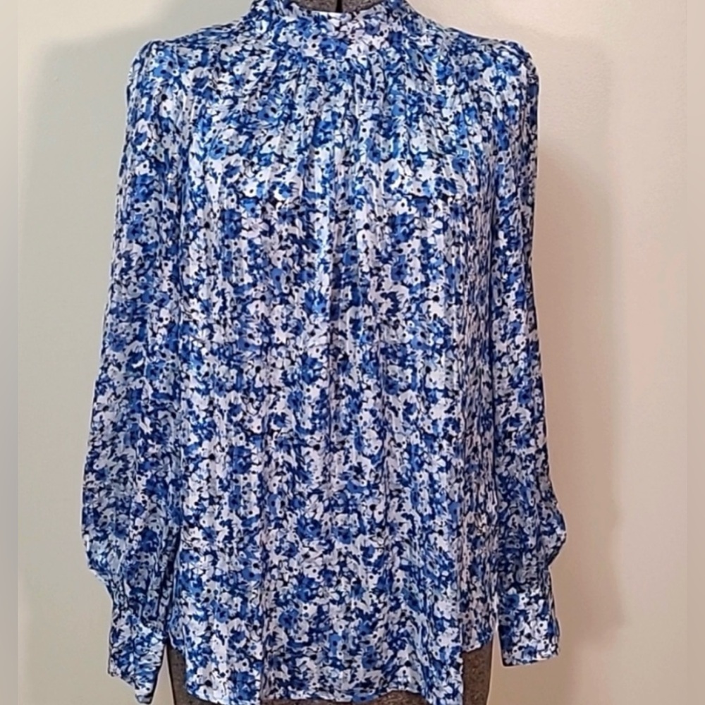 H&M Tops Blue and White Floral semi sheer high neck blouse